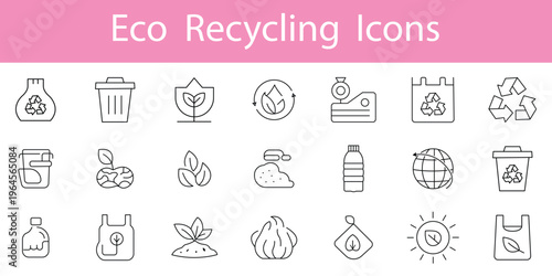 Ecology icons set. Nature, environment, recycle line icon set. Recycling and waste management line icon set with trash bins bottles boxes eco symbols sustainability environmental protection. eps 10