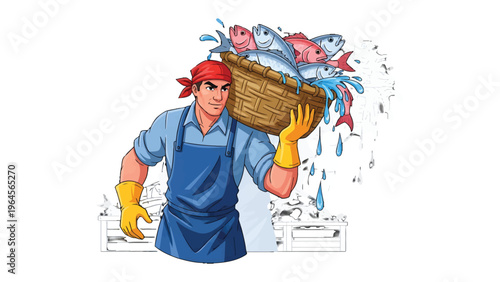 Fisherman's Bounty: A resilient fisherman, shoulders a wicker basket overflowing with a vibrant catch of fresh fish.