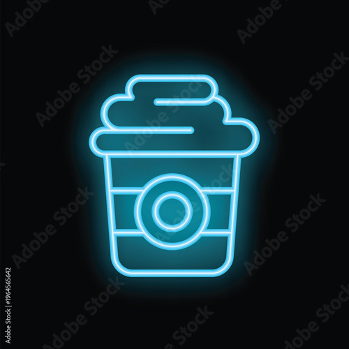 Neon glowing icon of a coffee cup with cream is isolated on black background