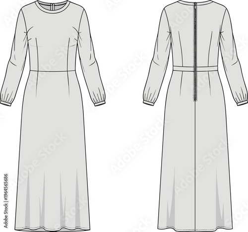 Long sleeve maxi dress technical cad drawing flat vector illustration with round neck back zipper and puff sleeves for fashion
