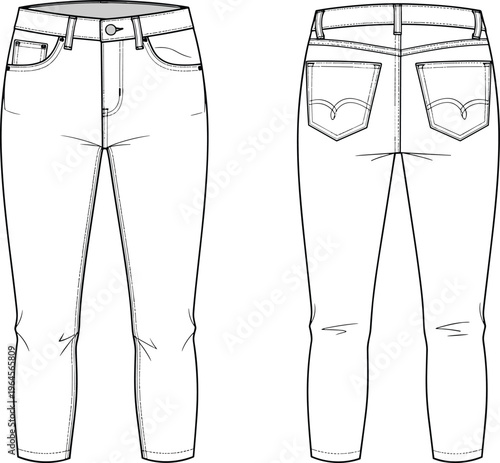Slim fit denim jeans technical cad drawing flat vector illustration with five pockets belt loops and back yoke for fashion