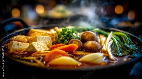 Steaming Hot Pot with Fresh Vegetables, Tofu, Mushrooms, and Broth on a Wooden Table in a Cozy Restaurant