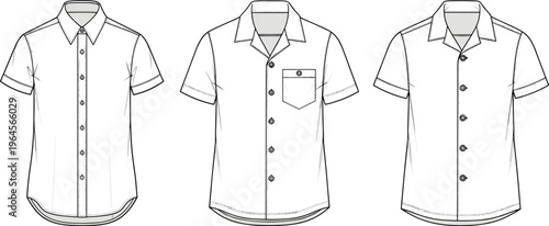 Set of short sleeve button down shirt cad drawing flat vector illustration featuring camp collar and classic polo neck styles
