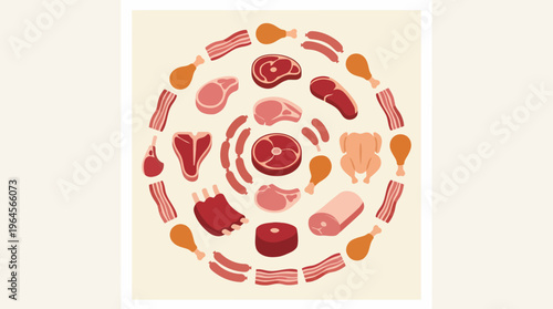 Assorted Meat Cuts and Poultry Arranged Circularly.