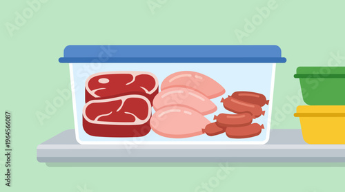 Assorted Raw Meats in Plastic Food Storage Container.
