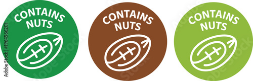 Set of circular food allergen labels stating contains nuts with a stylized nut icon in green and brown colors.