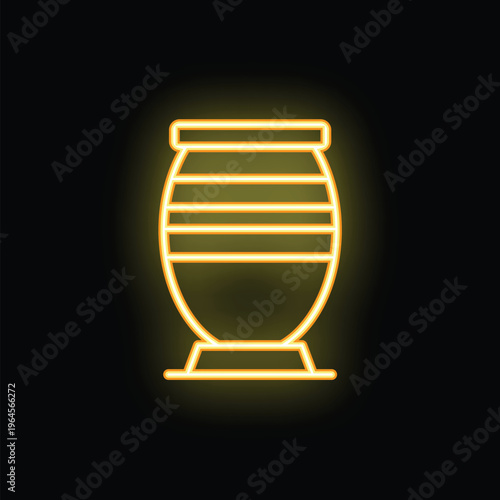 Neon yellow glowing outline of an amphora vase standing on a stand on a black background