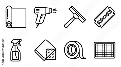 Set of 8 line icons such as film roll, heat gun, squeegee, razor blade, spray bottle, microfiber cloth, adhesive tape, grid