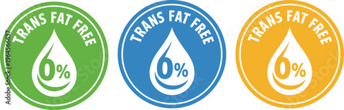 Set of three colorful circular labels for trans fat free food products featuring a 0 percent oil drop icon.Set of three colorful circular labels for trans fat free food 