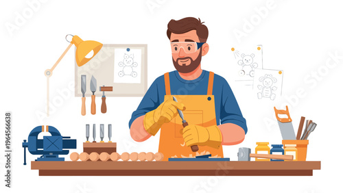 Craftsman at Work: A skilled craftsman, deeply concentrated, meticulously works on his craft, transforming raw materials into art. Surrounded by his tools and workspace.