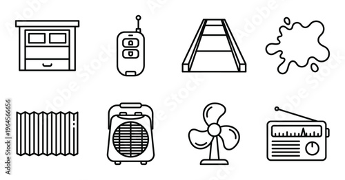 Set of 8 line icons such as garage, remote control, railroad, splash, radiator, heater, fan, radio