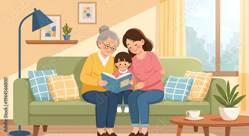 A heartwarming multi-generational family moment as grandmother, mother, and child bond over reading a storybook together on a cozy sofa, promoting literacy and cherished home connections