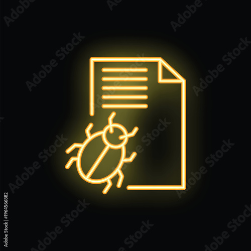 Bright yellow neon icon of a bug infecting a document, glowing on a black background, representing a cyber security threat