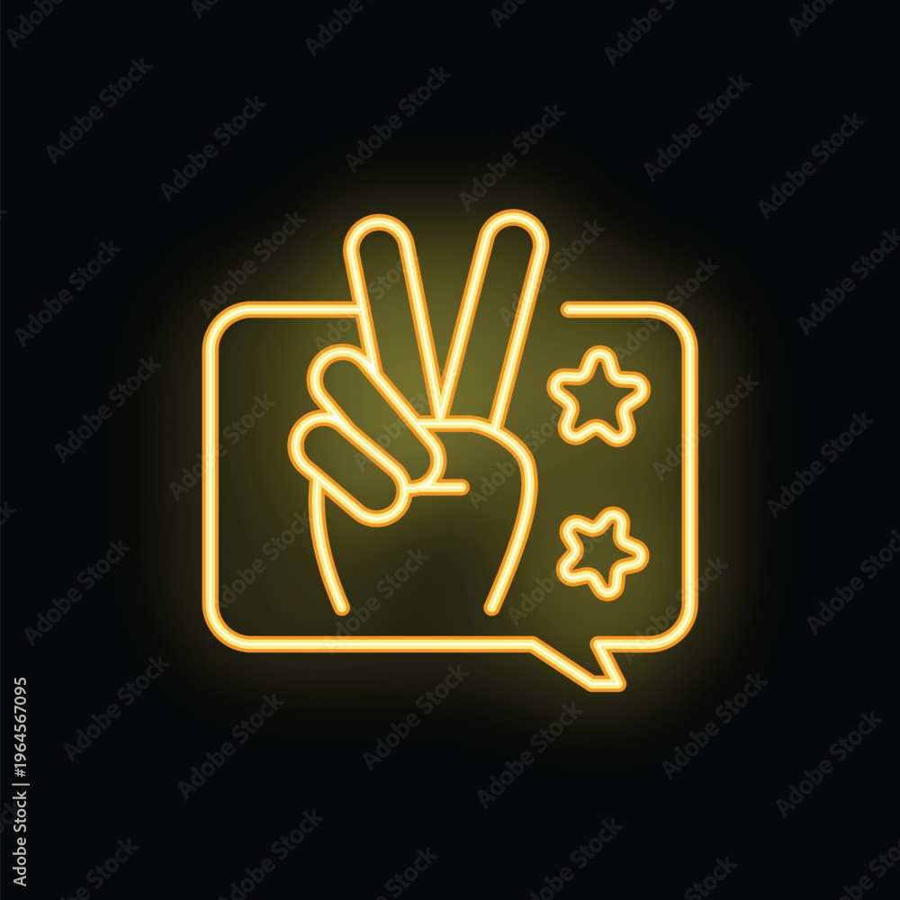 Obraz premium Neon sign showing a hand making the victory gesture inside a speech bubble with stars
