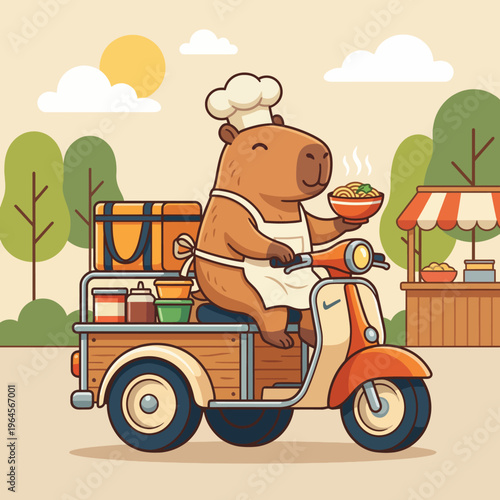 This charming illustration features a capybara dressed as a chef, riding a scooter and delivering delicious food, showcasing a whimsical blend of culinary fun and adorable characters.