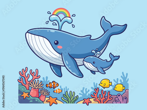 A whimsical blue whale and its calf swim joyfully through a vibrant undersea scene, representing family bonds and the beauty of marine life in a playful and colorful illustration.
