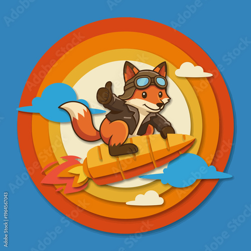 A playful fox pilot surfing a rocket over clouds, representing adventure and creativity, a perfect illustration for products aimed at children or adventurous storytelling.