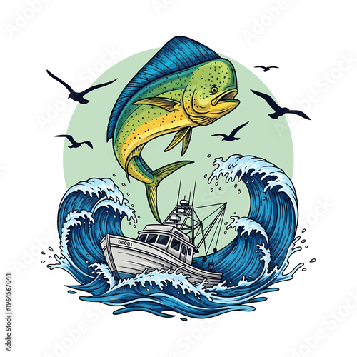 Mahi mahi jumping out of water with fishing boat on big ocean waves and sunset background