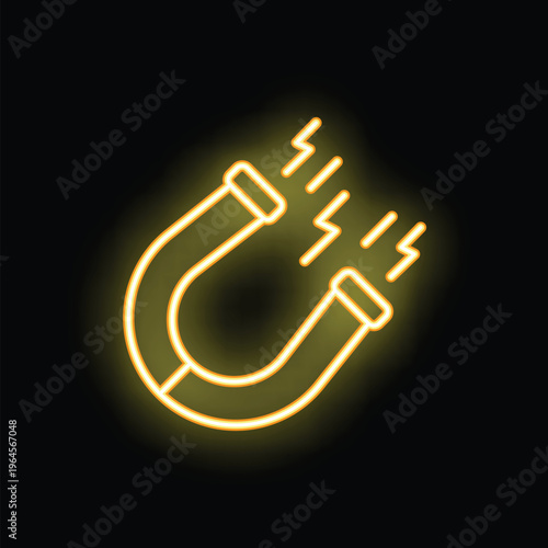 Yellow neon icon of a horseshoe magnet generating a magnetic field, isolated vector illustration on a black background