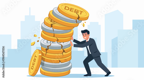 A worried businessman is depicted pressing against a towering stack of coins labeled 'DEBT,' symbolizing the pressure of financial burdens and economic challenges faced today.