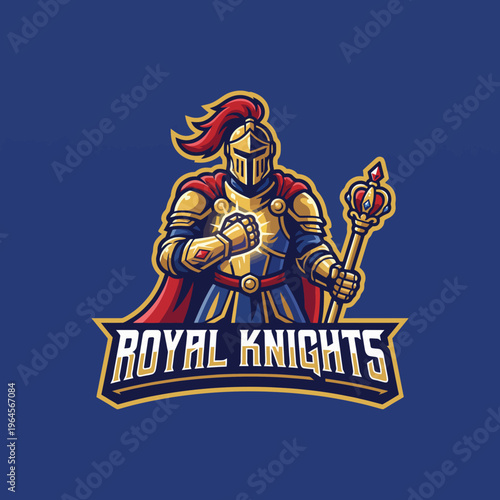 This logo features a royal knight in shining armor holding a crown and scepter, symbolizing valor, royalty, and strength in a majestic and inspirational artistic style.