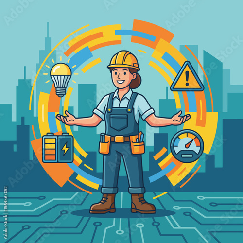 This illustration depicts a confident worker in a hard hat, surrounded by safety tools and symbols, representing professionalism, diligence, and the importance of safety in the workplace.