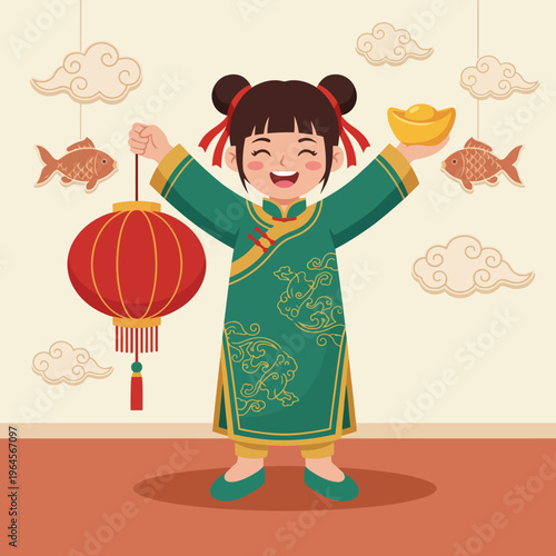 A joyful child dressed in traditional attire celebrates a festive occasion, holding a lantern and a gold ingot, symbolizing happiness and prosperity in a colorful setting.