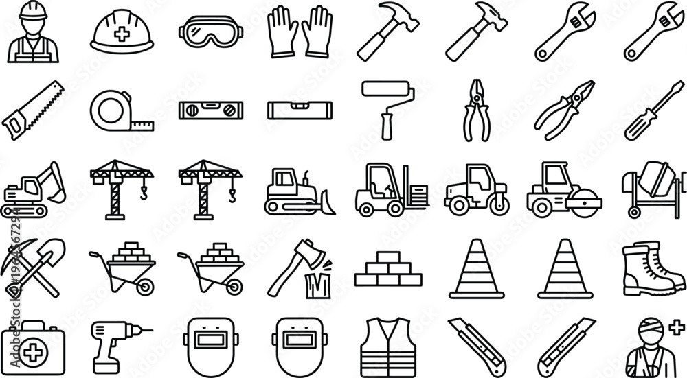 Fototapeta premium Construction Tools and Safety Equipment Icon Set Featuring Workers, Machinery, Building Tools, and Protective Gear for Websites and Apps