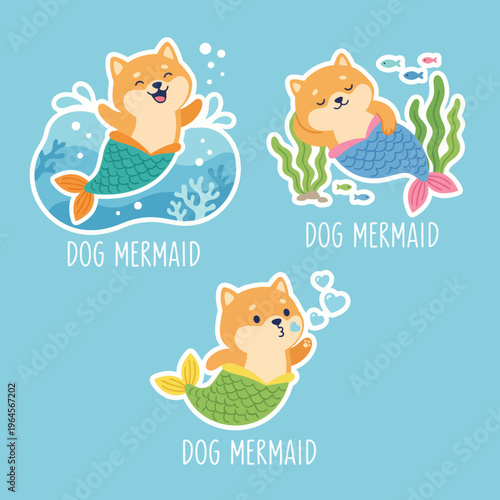 This cheerful illustration showcases three dog mermaids joyfully swimming under the sea, illustrating a delightful combination of two beloved themes in a playful and vibrant style.