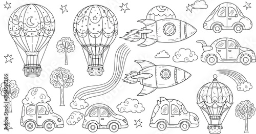 Cute fantasy transport set with hot air balloons rockets cars trees and stars whimsical cartoon vector illustration