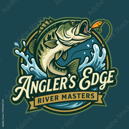 The Angler's Edge logo showcases a powerful bass fish leaping out of the water, symbolizing adventure in fishing, skill, and the thrill of the catch for enthusiasts.