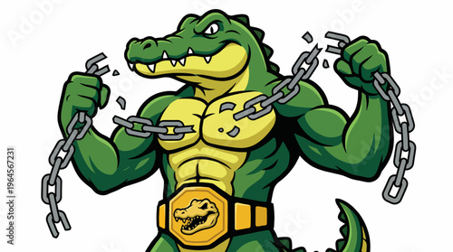 This cartoonish crocodile image depicts a muscular character breaking chains, embodying strength, resilience, and toughness in a visually captivating and energetic artistic style.