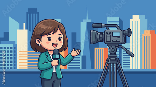 A cheerful cartoon reporter stands in front of a video camera with a city skyline behind her, ready to deliver exciting news for an engaging broadcast on screen.