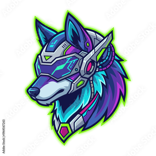 A stylish futuristic wolf head featuring a sleek design, high-tech visor, and vibrant colors that give an impression of advanced technology and modernity.