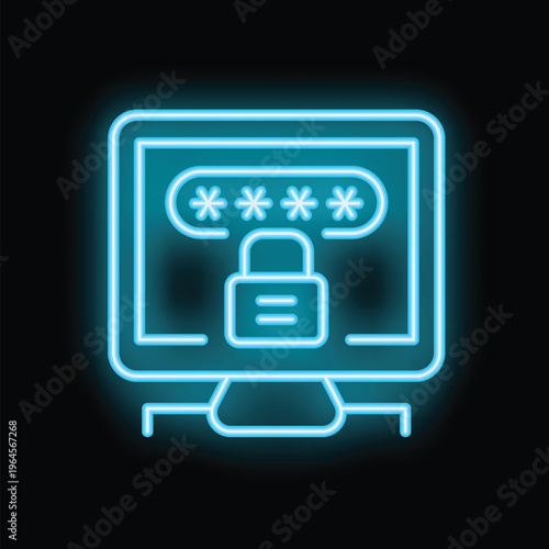 Neon computer icon is glowing, showcasing a password protected screen secured with a prominent padlock
