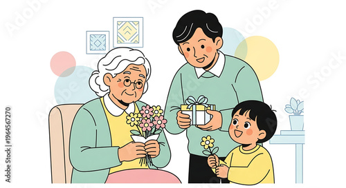 A loving family celebrates a special occasion with gifts and flowers, honoring their grandmother