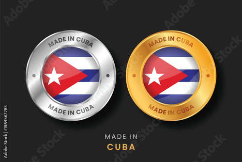 Circular gold and silver labels with the Cuba flag. High-quality "Made in Cuba" emblems for local products, exports, and manufacturing origin certification.