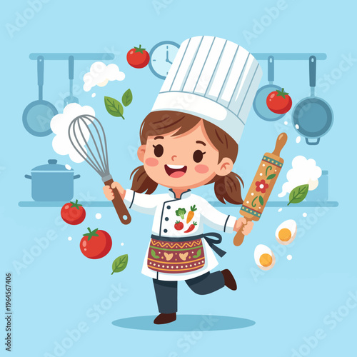 A joyful girl chef in a colorful kitchen, holding a whisk and a rolling pin, surrounded by fresh ingredients, perfectly portrays the love of cooking and creativity in the kitchen.