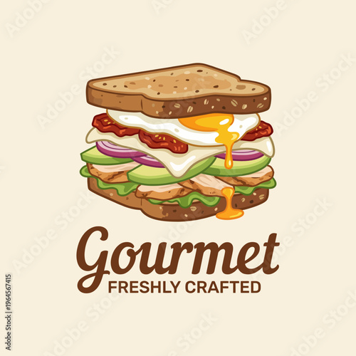 A deliciously crafted gourmet sandwich with colorful ingredients, symbolizing fresh culinary creativity, ideal for food-related brands or menu designs.