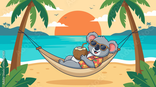 A charming koala sits in a hammock, wearing sunglasses and sipping a coconut drink under palm trees, capturing the relaxed beach vibes and joy of summer holidays.