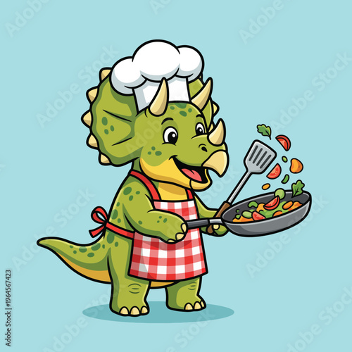 This playful image showcases a cheerful triceratops dressed as a chef, joyfully preparing a nutritious meal, embodying creativity and fun in culinary exploration.