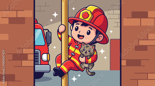 An adorable illustration of a young firefighter rescuing a cat while sliding down a pole, embodying bravery and compassion in a whimsical cartoon style.