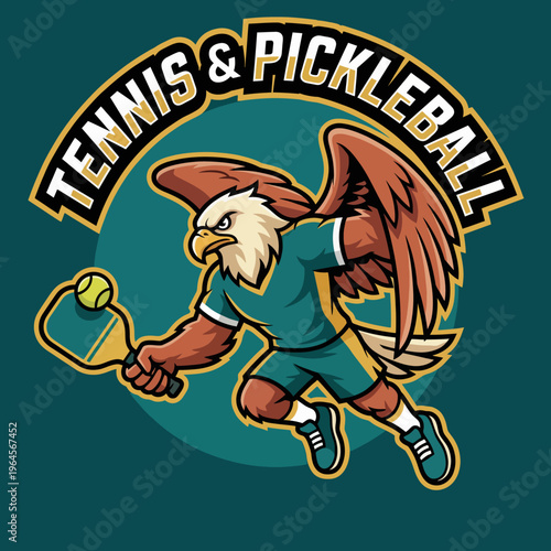This energetic mascot character represents both tennis and pickleball, showcasing athleticism and fun, appealing to sports enthusiasts and reflecting an active lifestyle with vibrant design.