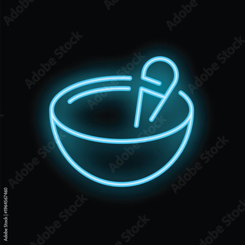 Blue neon sign depicting a bowl with chopsticks, evoking the flavors of asian cuisine
