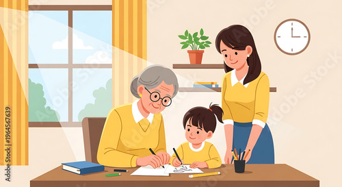 Three generations of women, a grandmother, mother, and daughter, drawing together at a table with sunlight streaming in