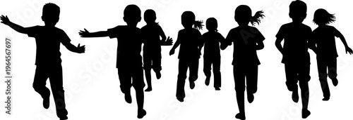 Running kids silhouettes vector black and white illustration. Group of children in motion from side view.
