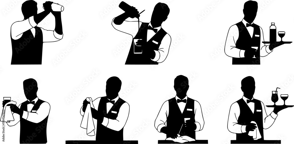 Obraz premium Set of bartender silhouette vector on white background 