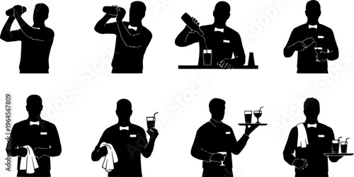 Set of bartender silhouette vector on white background
