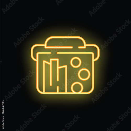Yellow glowing neon sign depicting a lunchbox, perfect for designs related to food, meals, or lunchtime