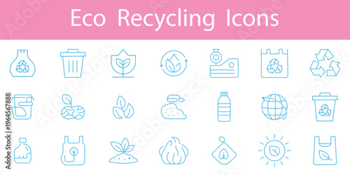 Ecology icons set. Nature, environment, recycle line icon set. Recycling and waste management line icon set with trash bins bottles boxes eco symbols sustainability environmental protection. eps 10